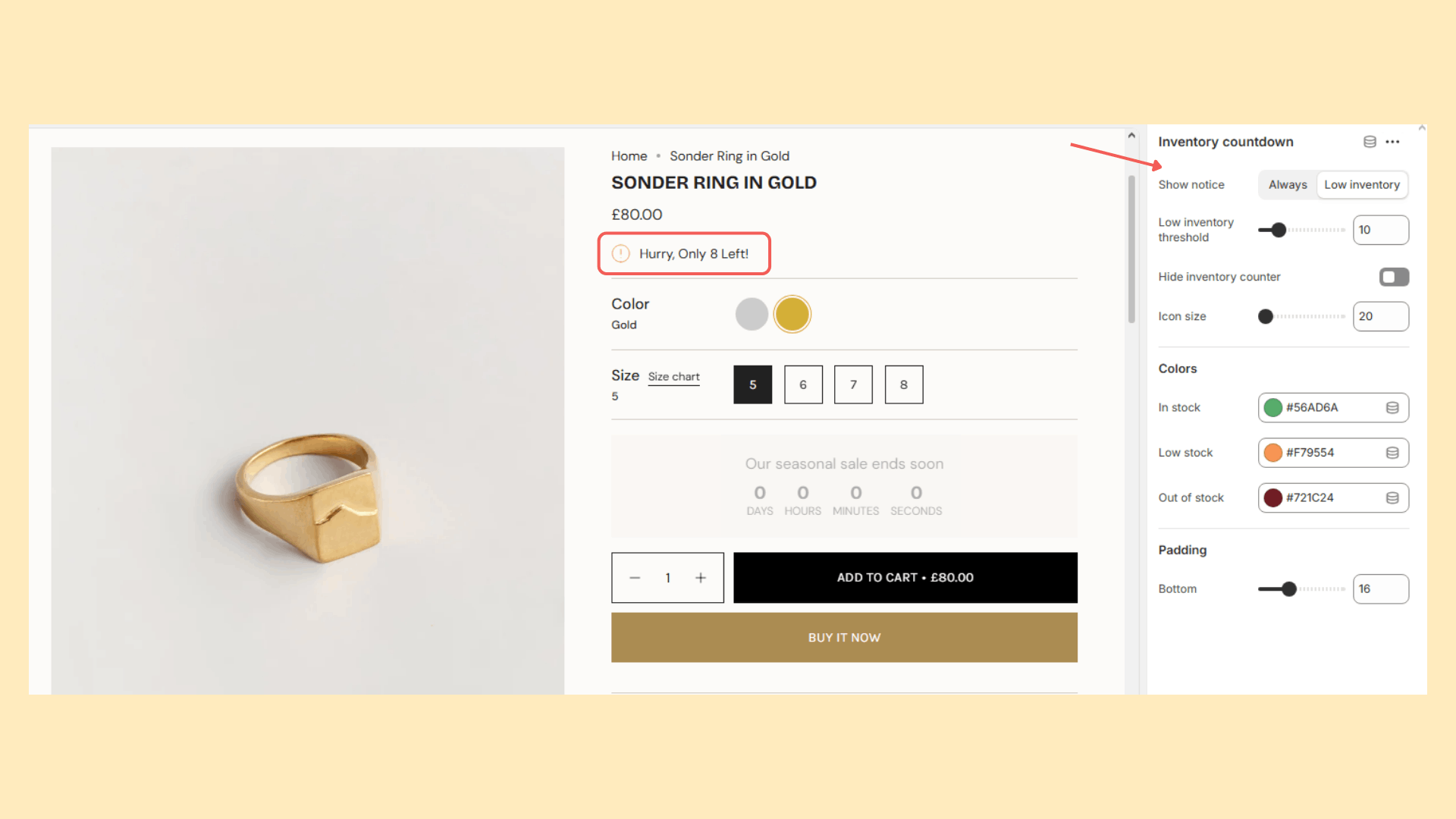 Picture depicting the Inventory countdown block settings of the product pages section