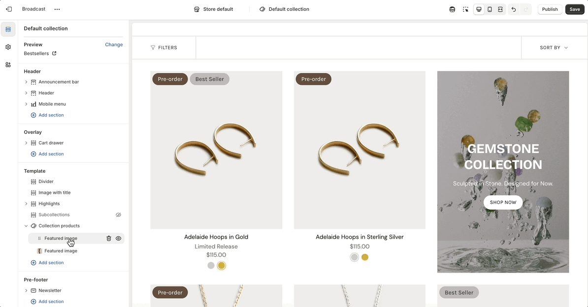 The Gif is scrolling through all settings inside the featured image block from the theme customizer
